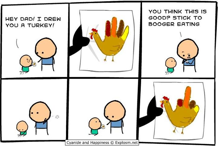 Comic strip from Cyanide and Happiness showing a dark, humorous take on a child's turkey drawing and adult reaction.