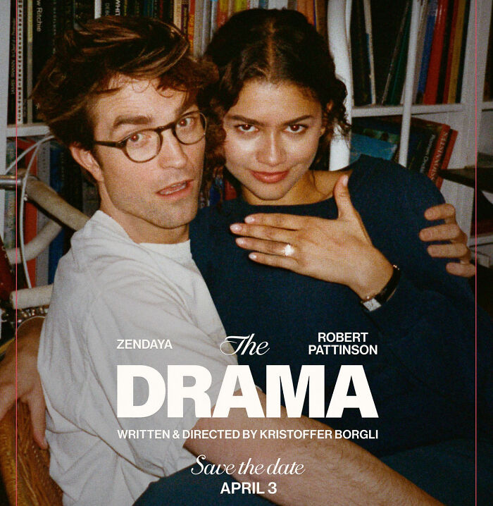 Robert Pattinson and Zendaya in viral engagement ad promoting The Drama, directed by Kristoffer Borgli, showing the ring on her finger. Robert Pattinson and Zendaya in viral engagement ad promoting The Drama, directed by Kristoffer Borgli, showing the ring on her finger.