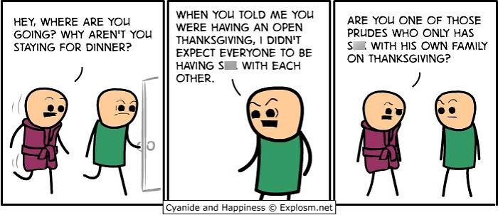 Dark comic strip by Cyanide & Happiness depicting awkward Thanksgiving with open family dynamics and social discomfort.