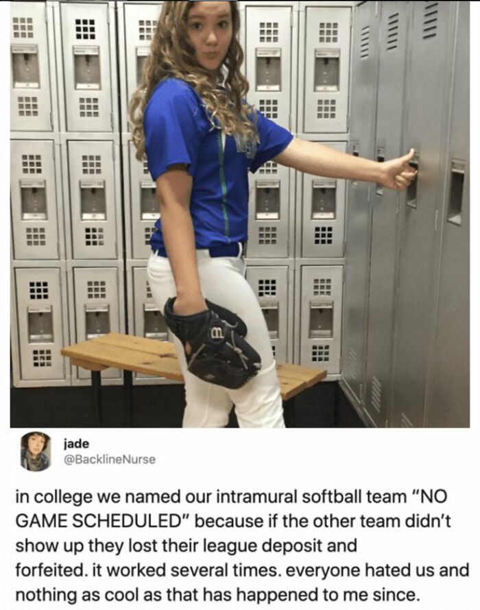College softball player in a locker room holding a glove with a humorous tweet about intramural team tactics and forfeiting games.