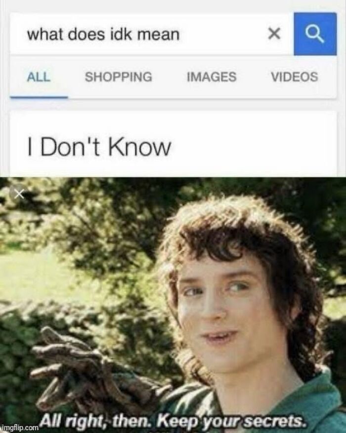 Search result showing the meaning of idk as I Don't Know, paired with a movie meme of Frodo saying Keep your secrets.