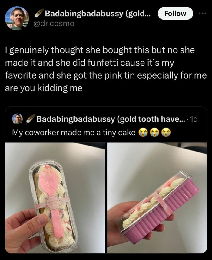 Twitter post showing a coworker’s tiny funfetti cake in a pink tin alongside cheerful memes about wasting time online.