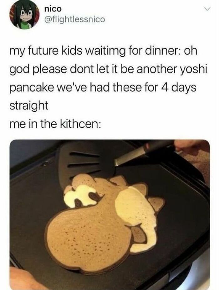 Meme showing a person making Yoshi pancakes, illustrating cheerful memes about wasting time online.