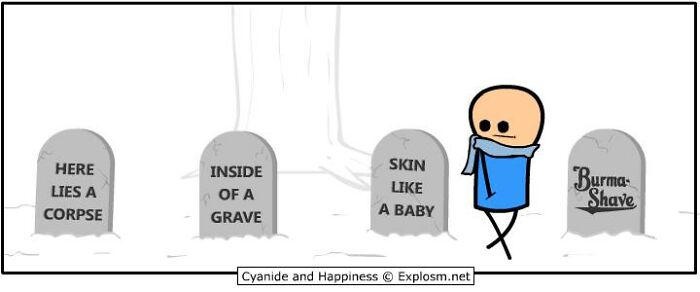 Comic strip featuring a dark humor tombstone joke illustrating society in Cynide & Happiness style.