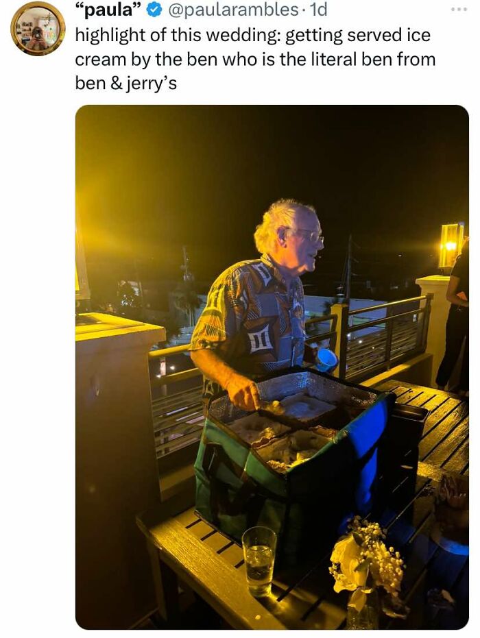 Man serving ice cream at night during a wedding, featured in cheerful memes about not feeling bad for wasting time online