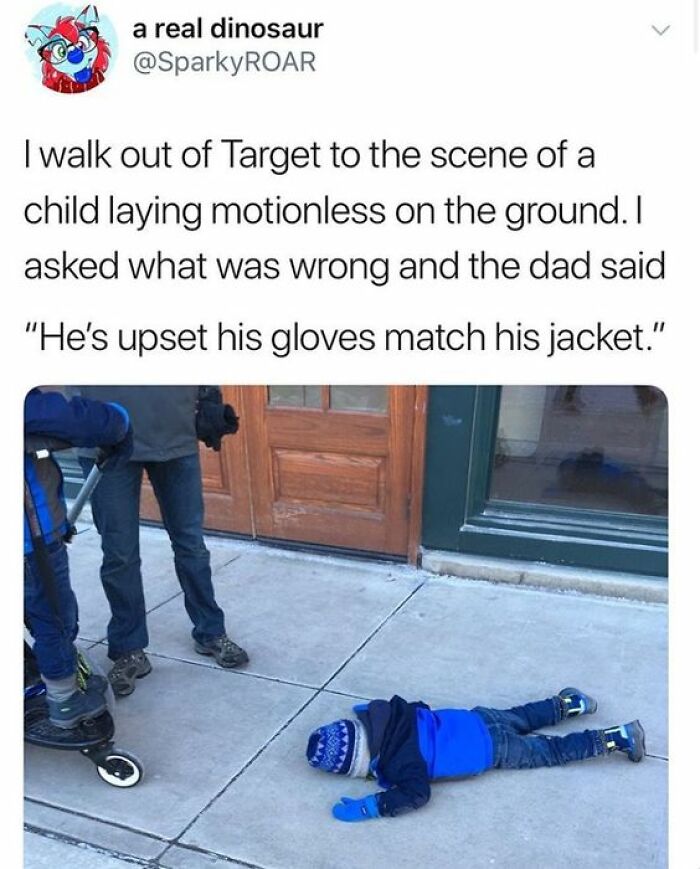 Child laying motionless on sidewalk, upset because his gloves match his jacket, captured in a cheerful meme about online time.