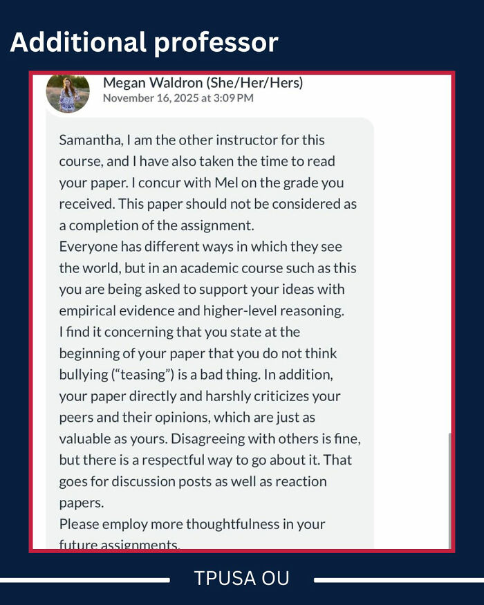 Screenshot of a message from an additional professor discussing a student's grade in a gender essay with biblical references.