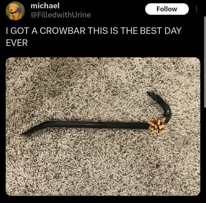 Crowbar with a flower bow on a carpet, shared in a cheerful meme celebrating simple joyful moments online.