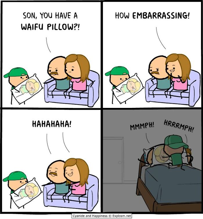 Comic panels showing a son with a waifu pillow and parents reacting humorously in a dark society-themed Cyanide and Happiness comic.
