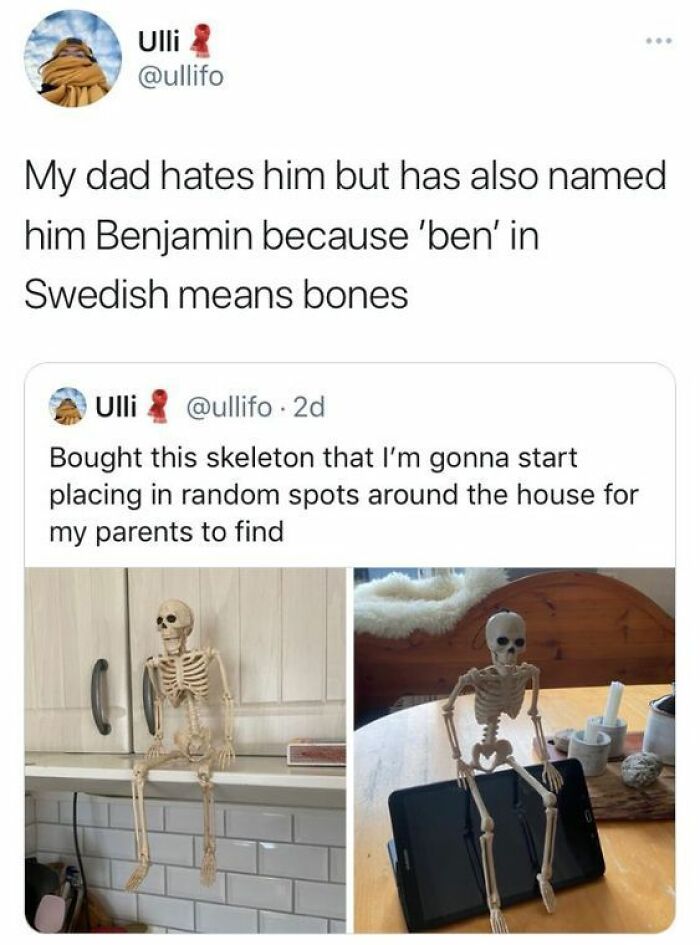 Funny meme about placing a skeleton in random spots, featuring cheerful memes that lighten time spent online.
