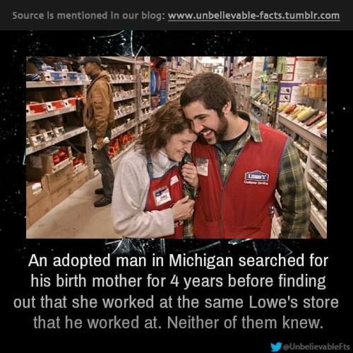 Two Lowe's employees laughing together in an aisle, illustrating a cheerful meme about unexpected family connections.