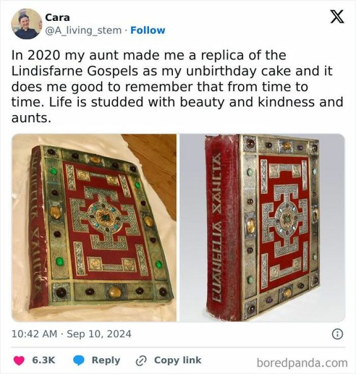 Replica of the Lindisfarne Gospels cake decorated with jewels, celebrating beauty, kindness, and thoughtful aunts.