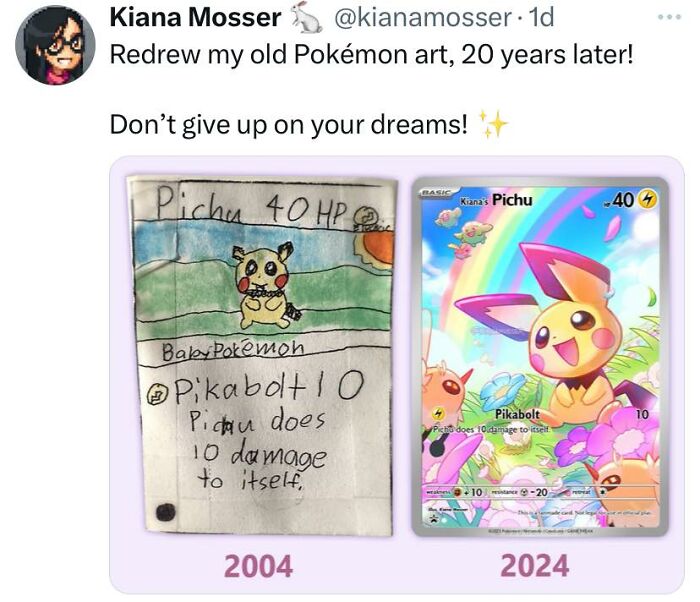 Old and new Pokémon card art comparison showing progress, paired with cheerful memes encouraging creativity and time spent online.