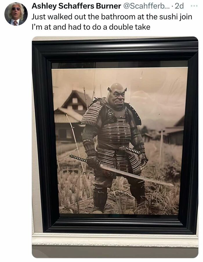 Framed photo of a samurai warrior with a Shrek-like face, a cheerful meme for fun online time wasting.