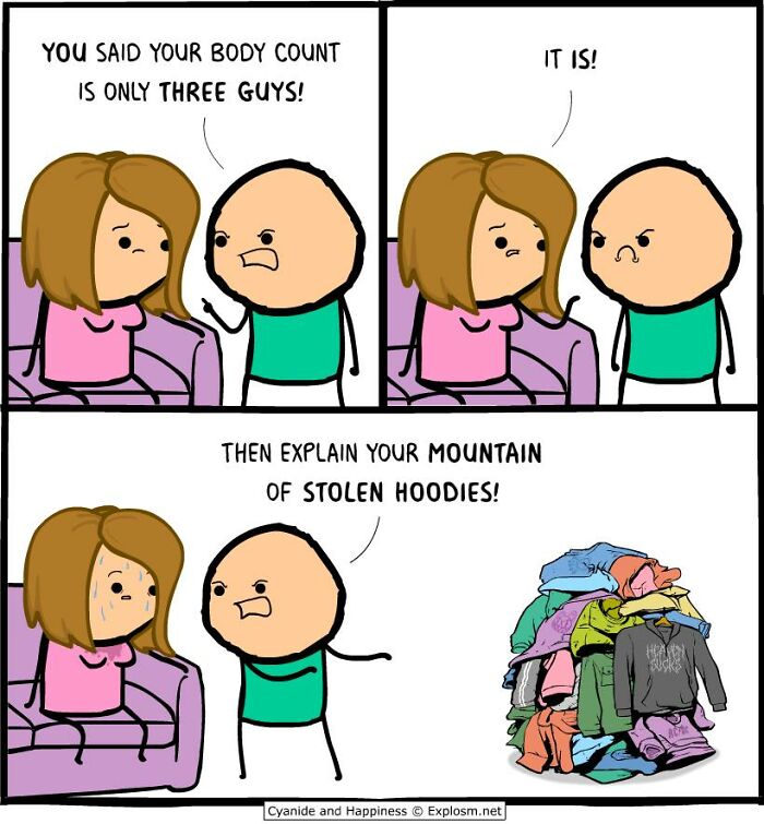 Dark comic by Cyanide & Happiness showing a couple arguing about body count and a mountain of stolen hoodies.