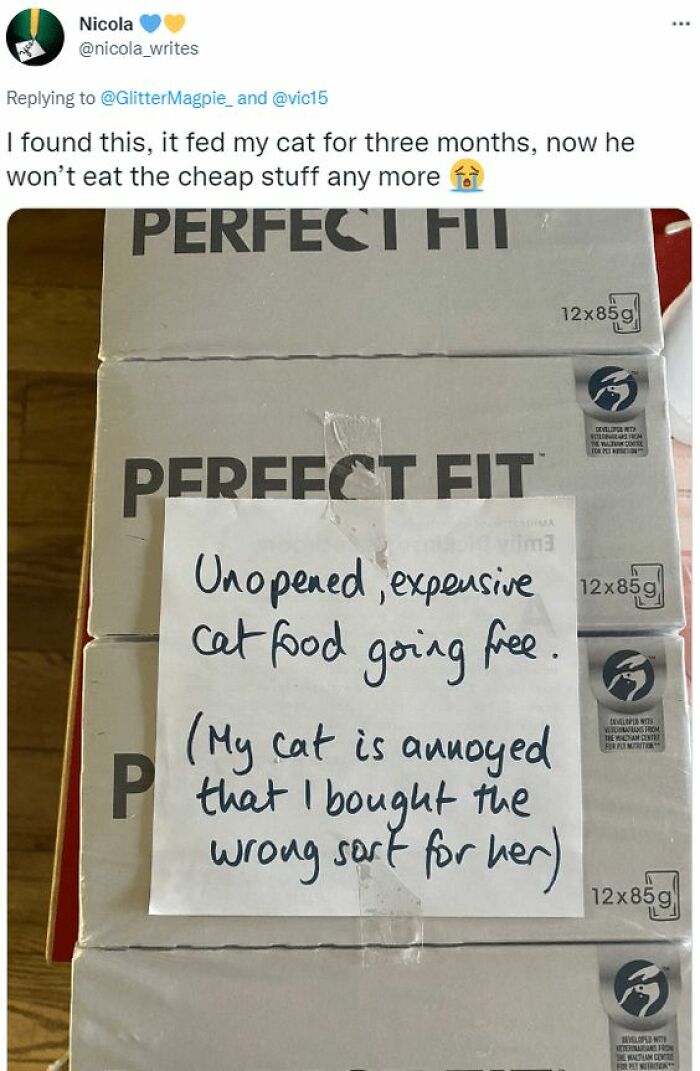Tweet about unopened expensive cat food given away with a note, fitting cheerful memes about wasting time online.