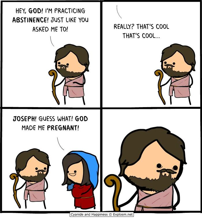 Comic strip from Cyanide and Happiness humorously depicting a biblical scene with dark societal satire.