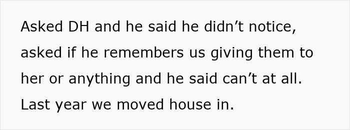 Text excerpt from a woman explaining she can't find her sentimental Christmas ornaments after moving house last year.