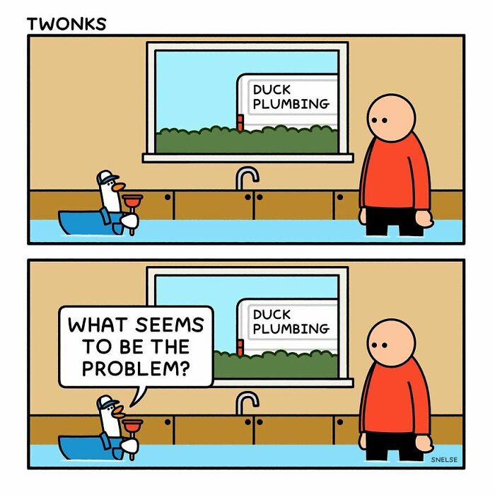 Comic illustration by artist showing a duck plumber talking to a person in a flooded kitchen for laughs.