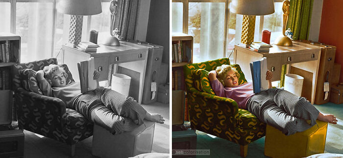Black and white photo colorized showing a woman relaxing on a patterned chair in a vintage living room setting.
