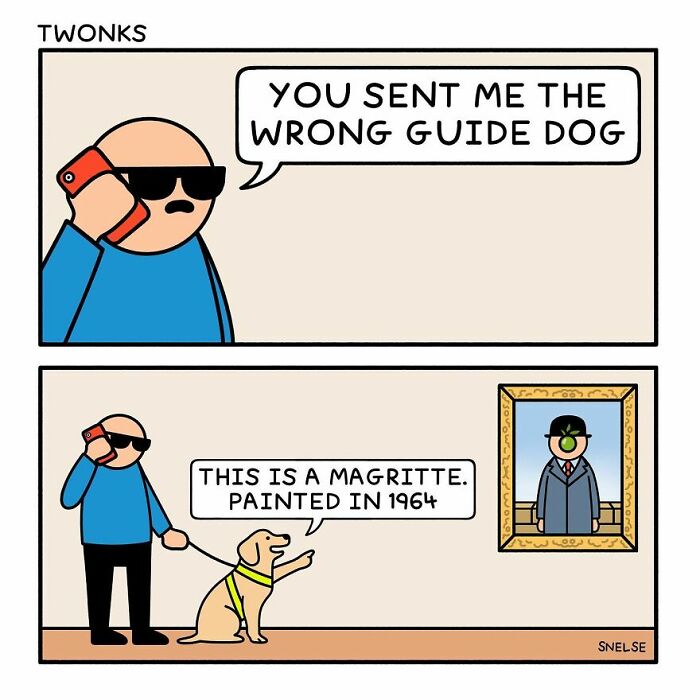 Comic illustration showing a man with a guide dog humorously referenced with art and illustrations to make people chuckle.