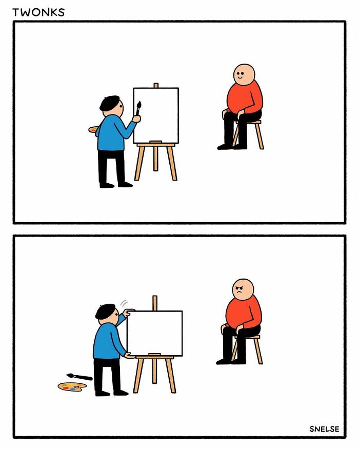 Comic-style illustration shows an artist painting a blank canvas in hopes of making people chuckle.