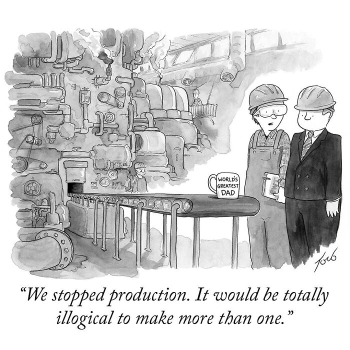 One-panel comic by New Yorker cartoonist Tom Toro showing factory workers with a "World’s Greatest Dad" mug on a production line.