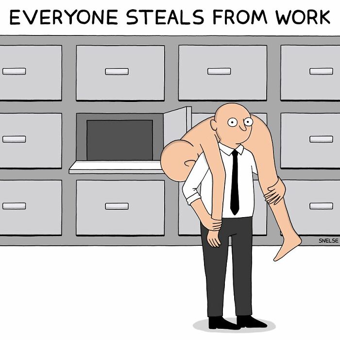Illustration and comic showing a man carrying another through office drawers with caption about stealing from work.