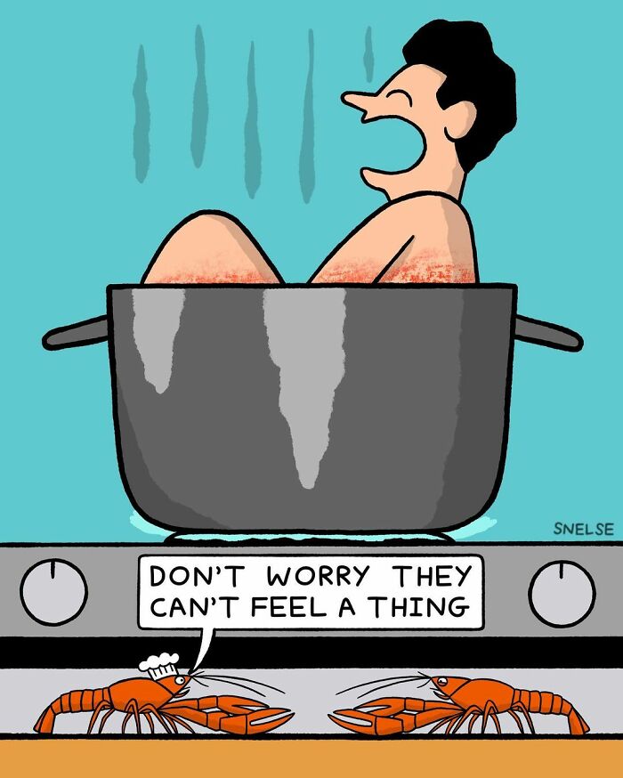 Humorous illustration of a person boiling in a pot with two crawfish discussing in a comic style.