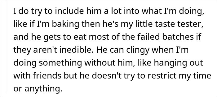 Text excerpt discussing a man involving his partner in activities, highlighting dynamics of affection and personal freedom. Text excerpt discussing a man involving his partner in activities, highlighting dynamics of affection and personal freedom.