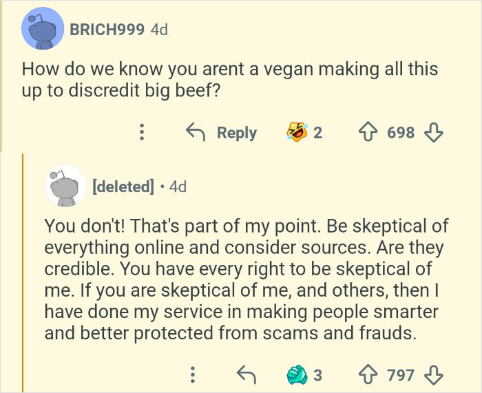 Discussion on skepticism about veganism online involving an ex-employee who discredited veganism with insider insights.