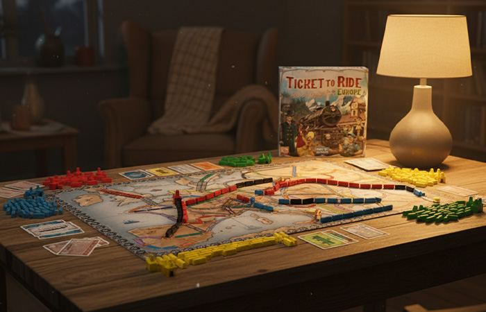Ticket to Ride board game setup on a wooden table with colorful pieces, capturing the best party game atmosphere.