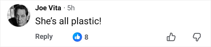 Comment reading she's all plastic on social media amid Gwen Stefani inappropriate outfit controversy at Rockefeller Tree Lighting. Comment reading she's all plastic on social media amid Gwen Stefani inappropriate outfit controversy at Rockefeller Tree Lighting.