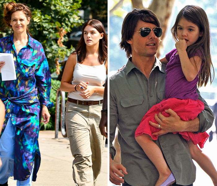 Two side-by-side photos showing famous nepo babies growing up and distancing from their celebrity families.