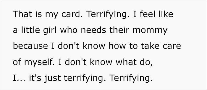 Text excerpt showing emotional distress of a stay-at-home mom feeling lost and terrified after unexpected divorce request. Text excerpt showing emotional distress of a stay-at-home mom feeling lost and terrified after unexpected divorce request.