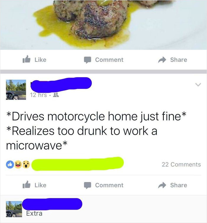 Social media post with confusing text about driving a motorcycle and being too drunk to work a microwave.