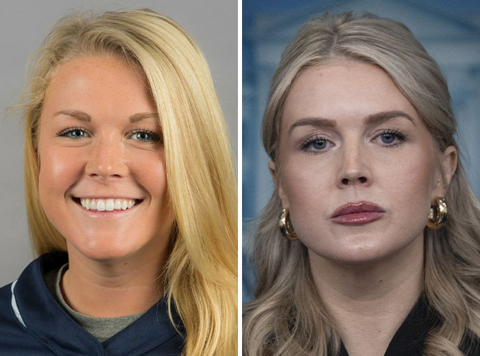 Side-by-side comparison showing dramatic Mar-a-Lago face transformations of a blonde woman with different expressions and hairstyles.