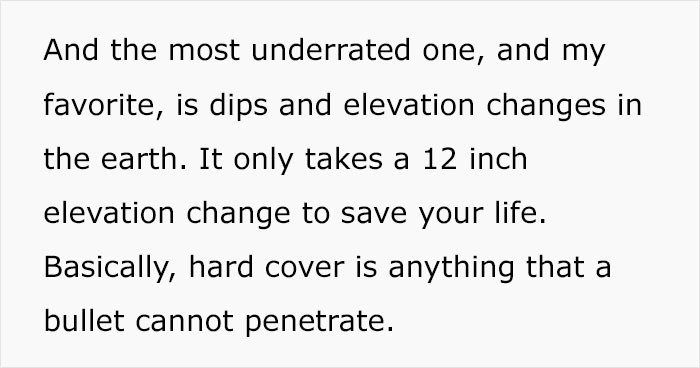 Text about mass shooting survival tips explaining the importance of dips, elevation changes, and hard cover to save your life.
