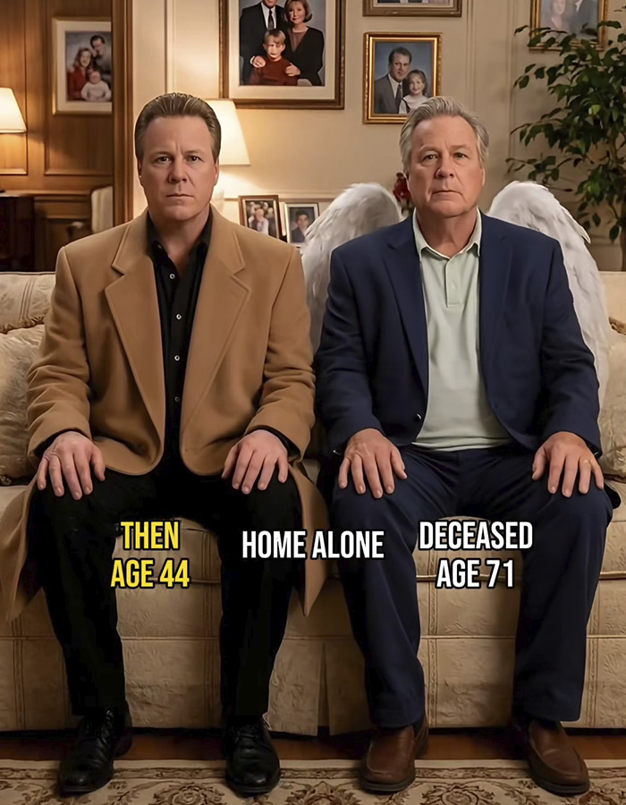 Two men seated side by side showing then-and-now Home Alone ages 44 and 71 with angel wings on older man.
