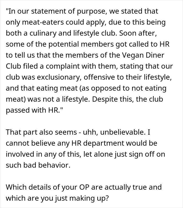 Text excerpt discussing an employee conflict and HR involvement regarding a vegan-only club and meat eaters. Text excerpt discussing an employee conflict and HR involvement regarding a vegan-only club and meat eaters.