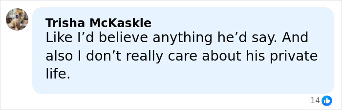 Comment by Trisha McKaskle expressing disbelief in JD Vance’s statements and disinterest in his private life. Comment by Trisha McKaskle expressing disbelief in JD Vance’s statements and disinterest in his private life.