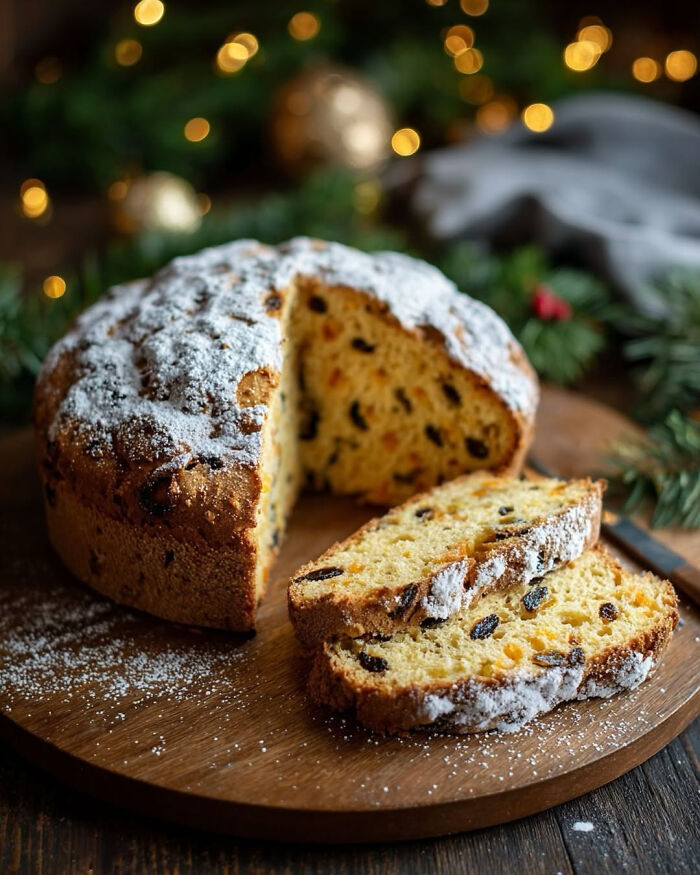 Traditional Christmas dessert fruitcake dusted with powdered sugar on a wooden board with festive decorations around.
