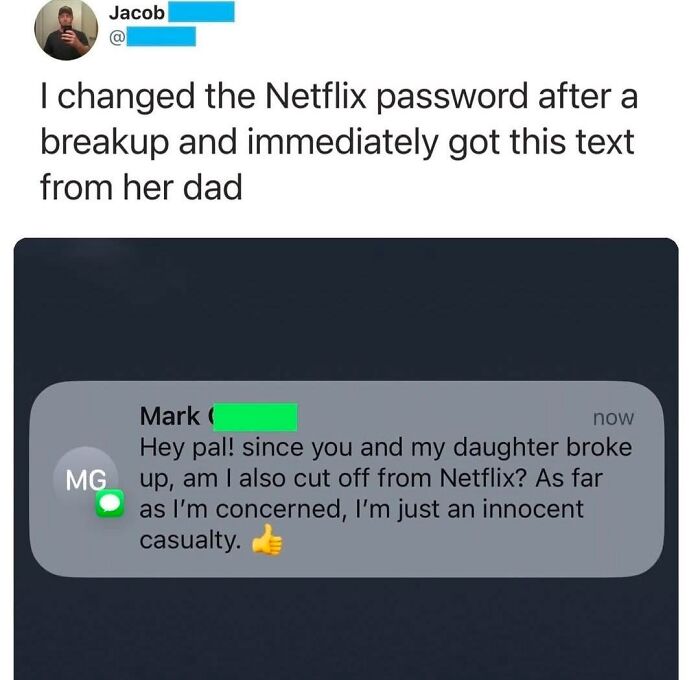 Text message meme showing a funny Netflix password breakup exchange, featured in movie memes that are funnier than bloopers.
