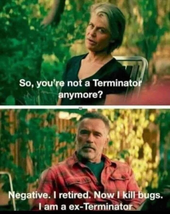 Two characters in a garden setting share a humorous movie meme about a retired Terminator now k*****g bugs.