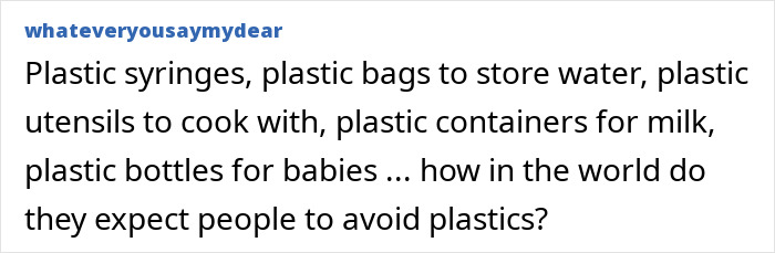 Text post discussing the challenge of avoiding plastics amid widespread use of plastic items and microplastics concerns.