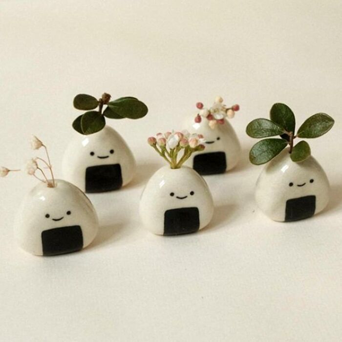 Cute ceramic planters with smiling faces and small plants, perfect unique never-before-seen gifts for any occasion.