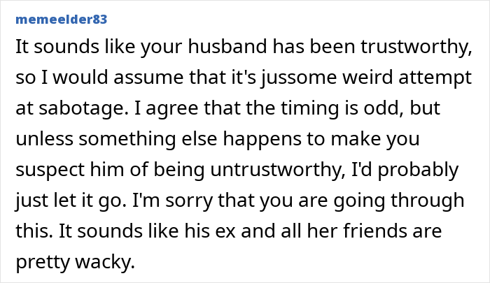 Screenshot of an online forum post discussing suspicion about a husband cheating and issues with his ex-girlfriends.