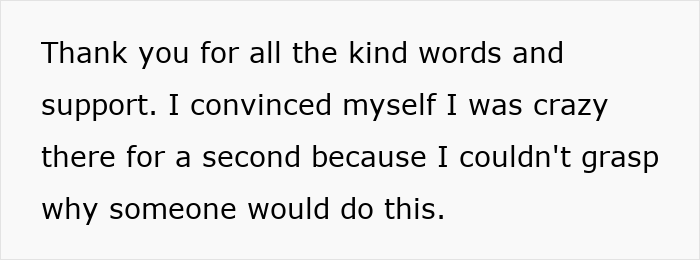 White card with text thanking supporters; mentally unstable woman says she thought she was crazy after the drink incident