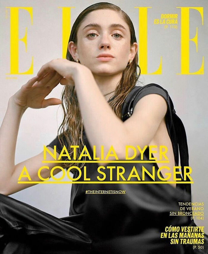 Stranger Things star Natalia Dyer posing on Elle magazine cover, noted for her appearance and Ariana Grande comparison. Stranger Things star Natalia Dyer posing on Elle magazine cover, noted for her appearance and Ariana Grande comparison.