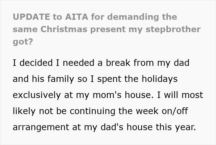 Teen upset over dad gifting stepbrother a car for Christmas while they only receive a gift card, citing favoritism. Teen upset over dad gifting stepbrother a car for Christmas while they only receive a gift card, citing favoritism.